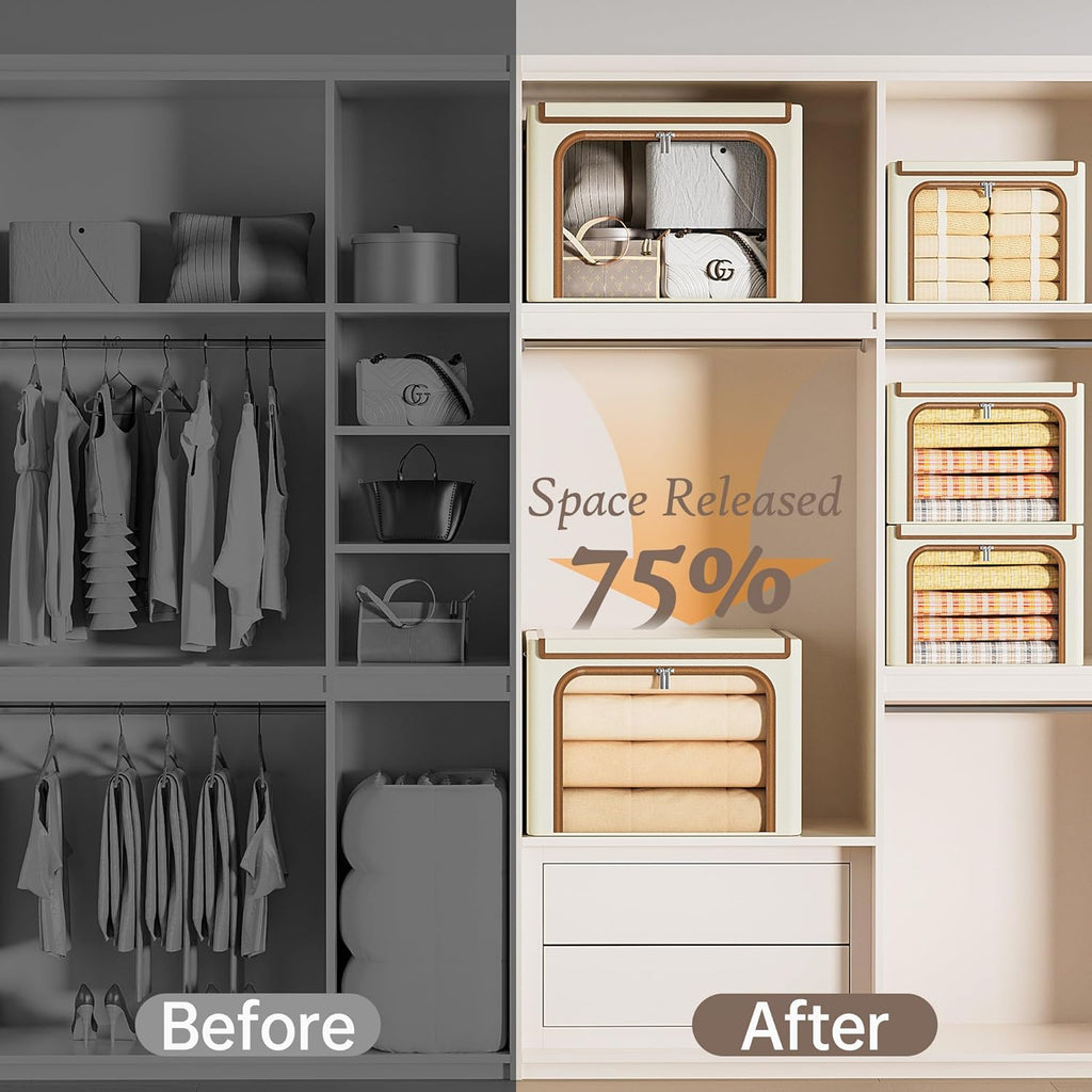 Clothes Storage Bins with Metal Frame, Foldable Clothing Storage Bin with Lid, Stackable Oxford Fabric Organizer Box