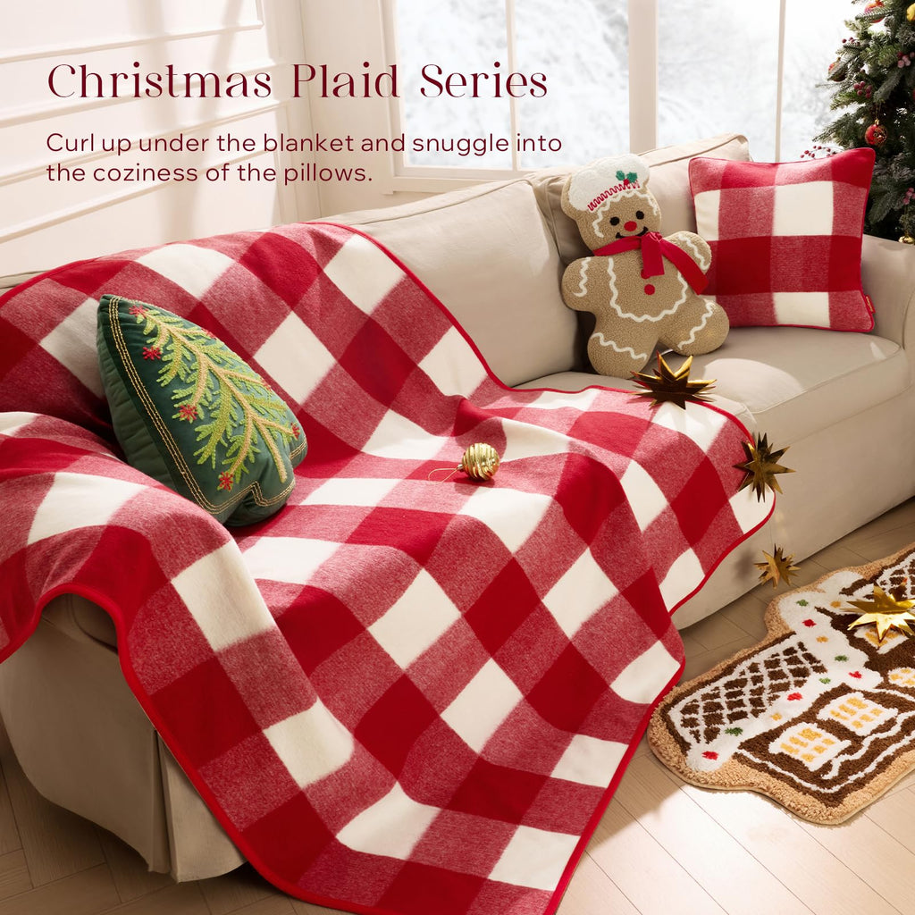 Christmas Throw Blanket, Premium Faux Wool Buffalo Check Blanket with Locking Edge Warp-Knitted Christmas Plaid