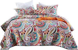Cotton Quilt Set, Queen, Multicolor Paisley, Boho Style, Soft Lightweight Coverlet with 2 Pillow Shams, 90x98 Inches