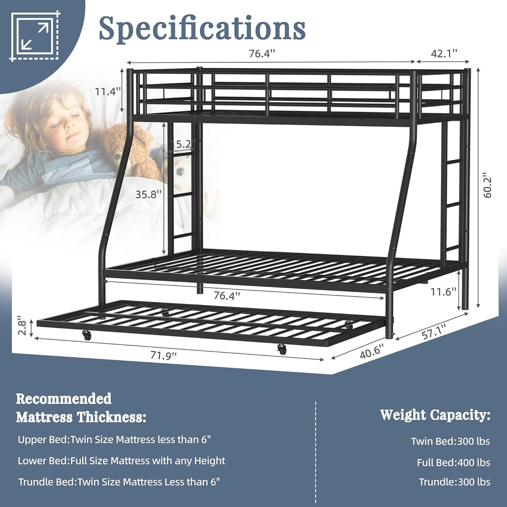 Bunk Bed Twin Over Full with Trundle, Heavy-Duty Twin&Full Frame with Full-Length Guardrail and Two Ladders