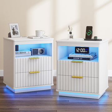 Nightstand Set 2 with LED Light & Charging Station, White | 2 Drawers, Open storage space, Smart Bedside Table, Human