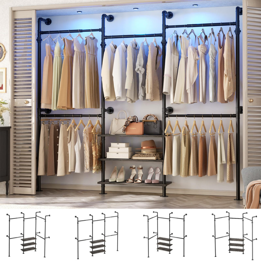 Expandable Industrial Pipe Clothing Rack, 7.3-10.9Ft Closet System