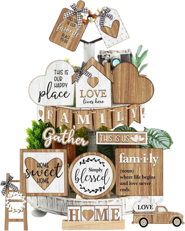 Farmhouse Tiered Tray Decor Set,Rustic Kitchen Decoration, Wooden Signboards in The Original Wood Color,Table - Set of 21