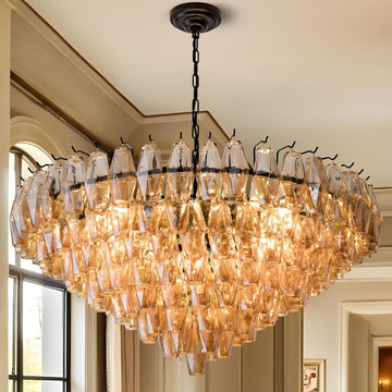 Modern Round Chandelier, 37" Extra Large Black Chandeliers for Dining Room, 14-Light with Tiered Smoke Glass Tubes Ceiling Light, Pendant Lighting Fixture for Living Room Bedroom Kitchen Island