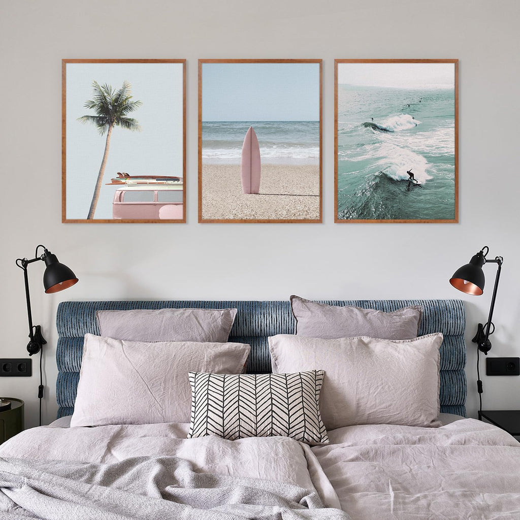 Beach Framed Canvas Wall Art Set Of 3, Coastal Wall Decor, Ocean Wave Wall Painting, Palm Tree Seaside Artwork