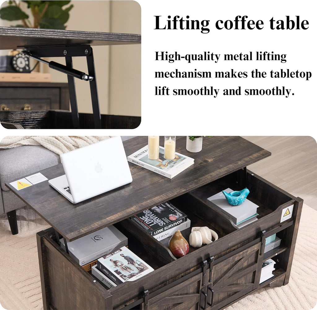 Lift Top Coffee Table with Sliding Barn Door 48" W Rustic Storage Coffee Tables