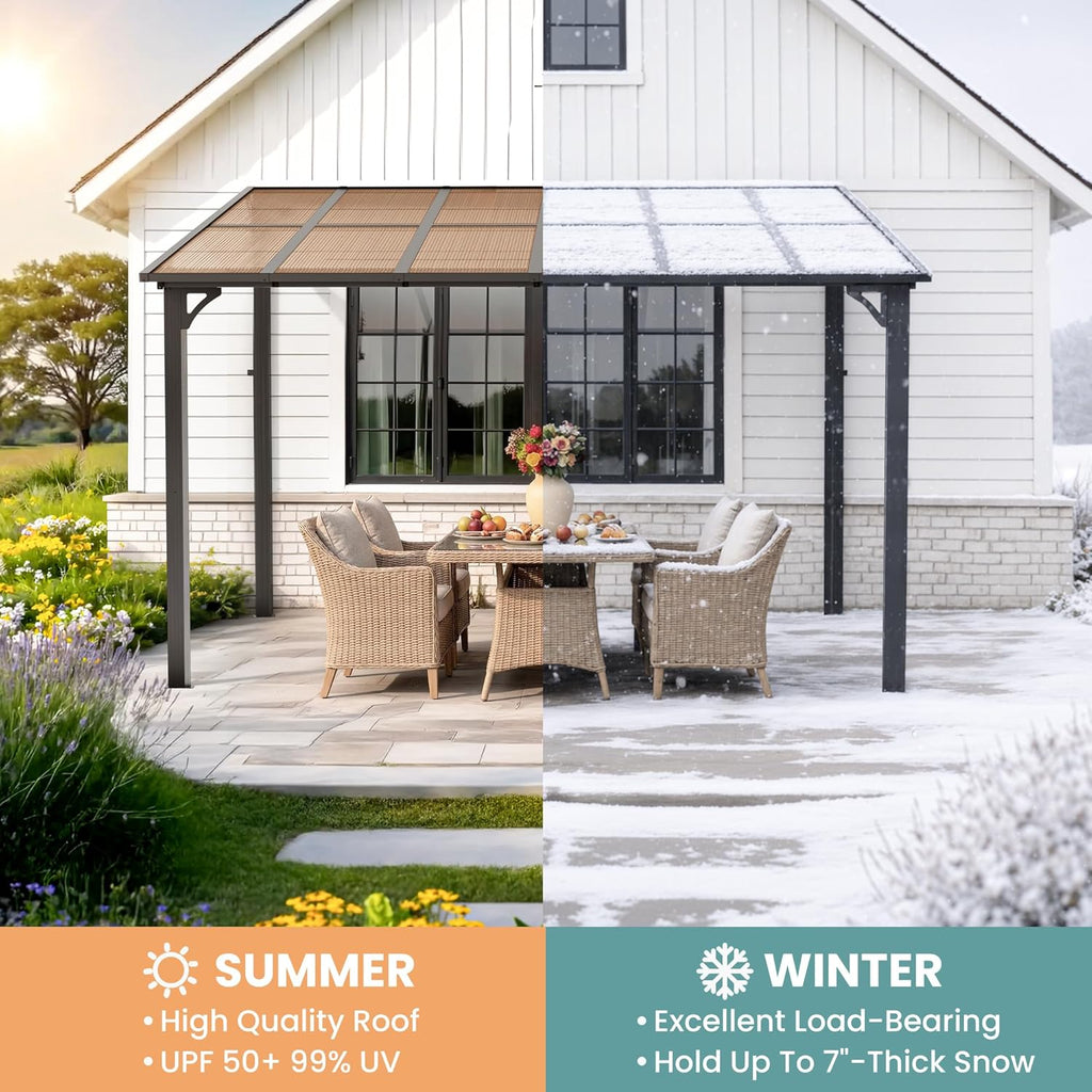 10x24FT Wall Mounted Gazebo, Hardtop Lean to Gazebo with Aluminum Frame & UV Resistant Polycarbonate Roof