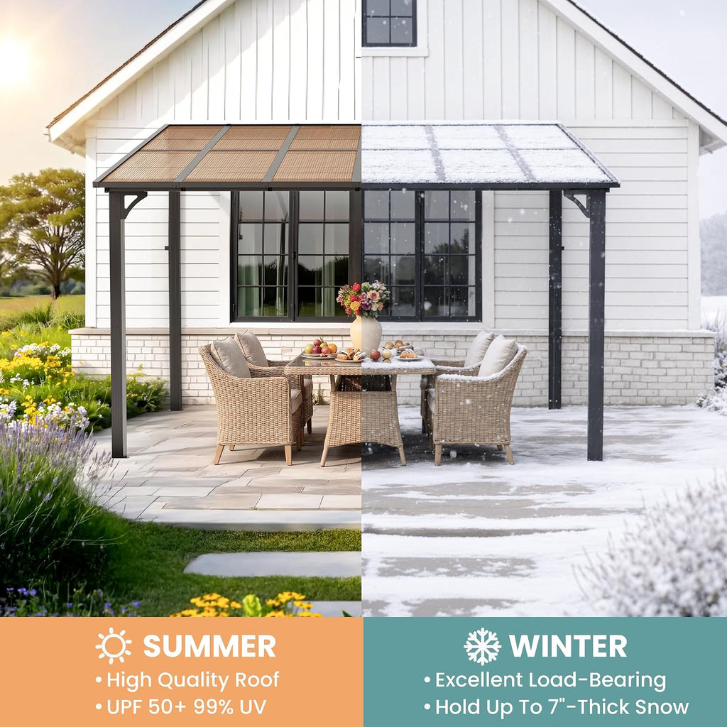 10x10FT Wall Mounted Gazebo, Hardtop Lean to Gazebo with Aluminum Frame & UV Resistant Polycarbonate Roof