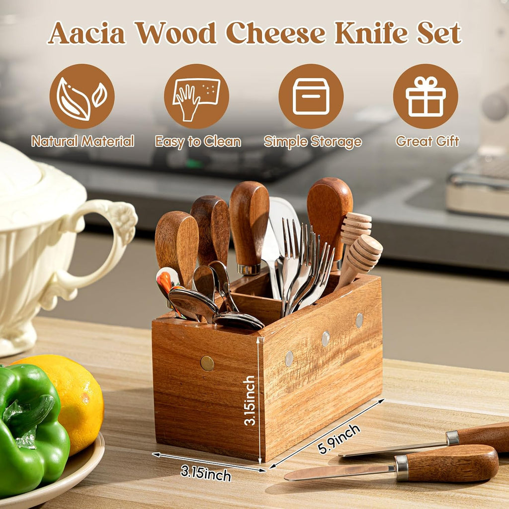 46 Pcs Charcuterie Boards Accessories with Magnetic Acacia Wood Holder Wooden Cheese Knife Set for Wood Handle Knives