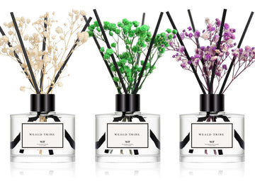Flower Reed Diffuser Set of 3 Air Fresheners Shelf Decor, Eucalyptus & Lavender/Coconut & Vanilla/Eucalyptus & Mint