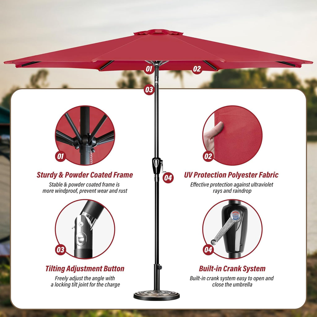 9FT Outdoor Patio Umbrella Table Market Umbrella with Push Button Tilt and Crank, 8 Sturdy Ribs - Ft-red