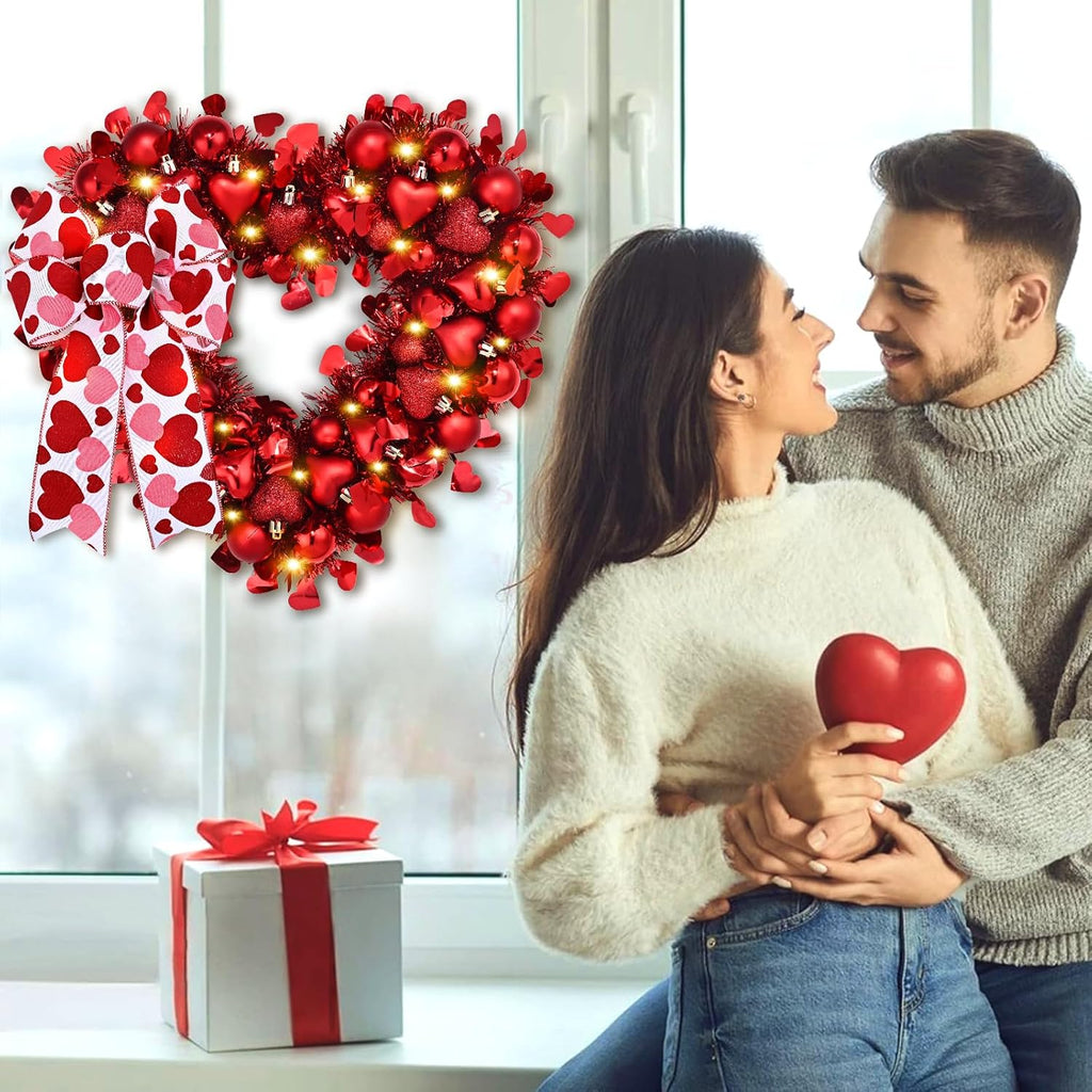 14.2'' Valentines Day Wreath, Heart Wreaths for Front Door, Red Valentine Wreath Decorations with Bowknot Lights