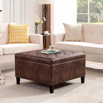 Faux Leather Storage Ottoman Bench, Square Tufted Coffee Table