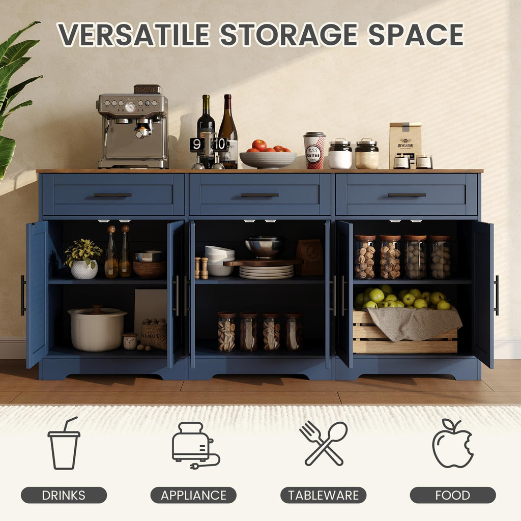 71" Large Sideboard Buffet Cabinet with Storage, Navy Blue