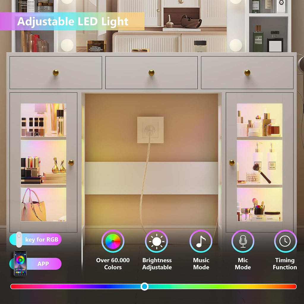 White Vanity Desk with Mirror and Lights, Glass Top Vanity with Lighted Mirror & RGB Glass Cabinet and 3 Drawers