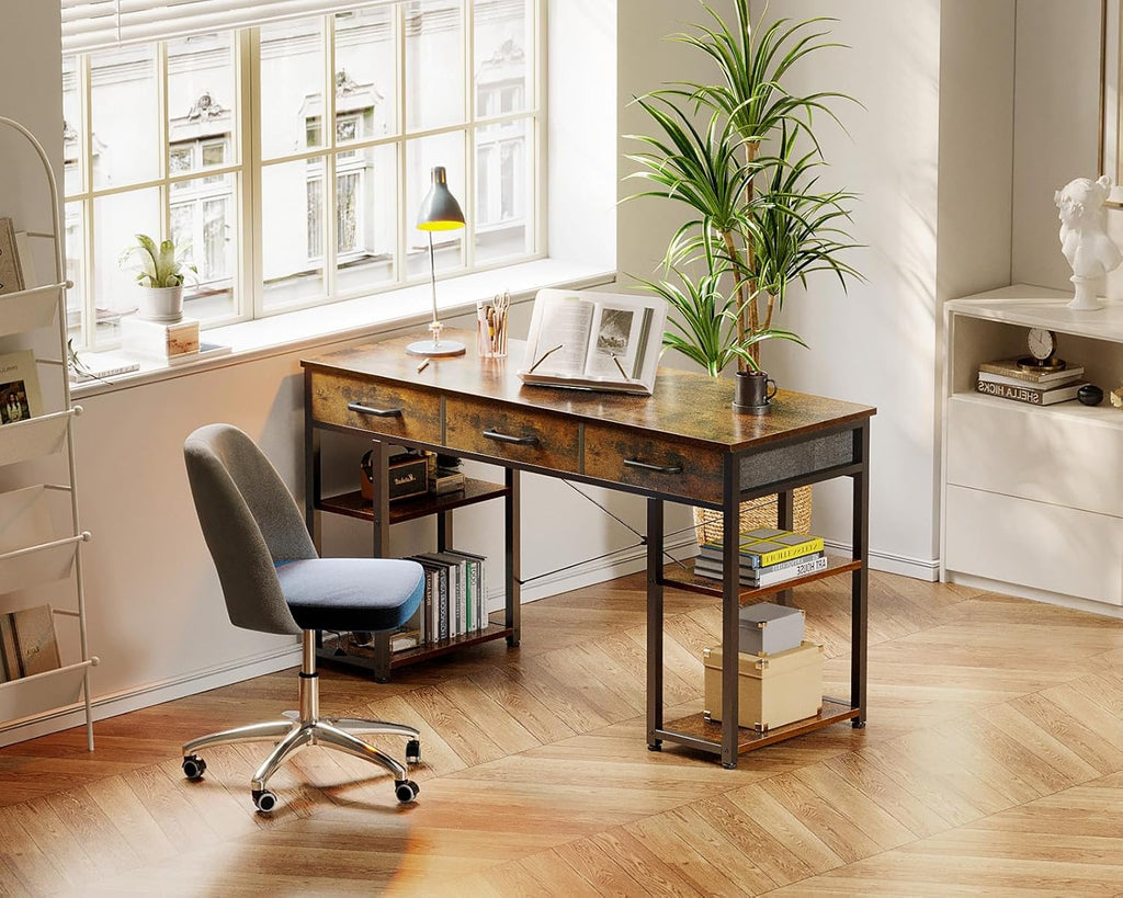 Office Small Computer Desk: Home Table with Fabric Drawers & Storage Shelves, Modern Writing Desk, Vintage, 48"x16"