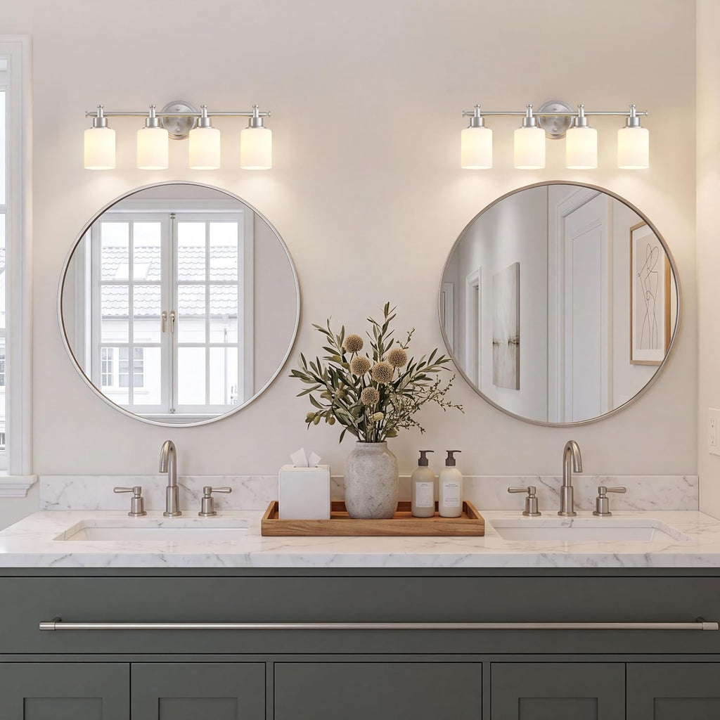 4 Light Bathroom Vanity Light Fixture Over Mirror, Brushed Nickel, 23'' | Vanity Lights , White Frosted Glass Shades