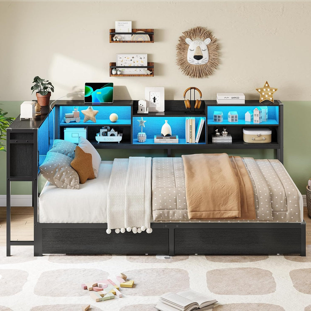 Corner Twin Bed Frame with Bookcase Storage and Led Lights Metal Platform Bed Frame with 2 Drawers and Charging