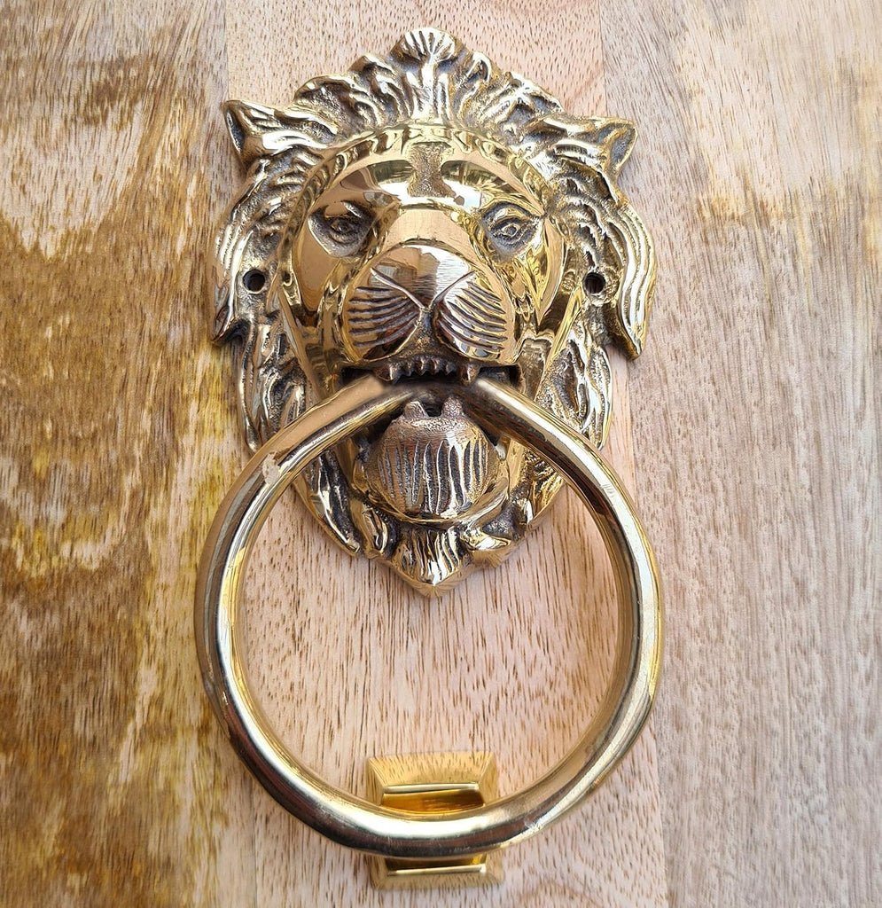 Unique Look Handcrafted Shiny Brass Polished Lion Front Face Door Knocker Home Entrance Décor Accessory Mounting