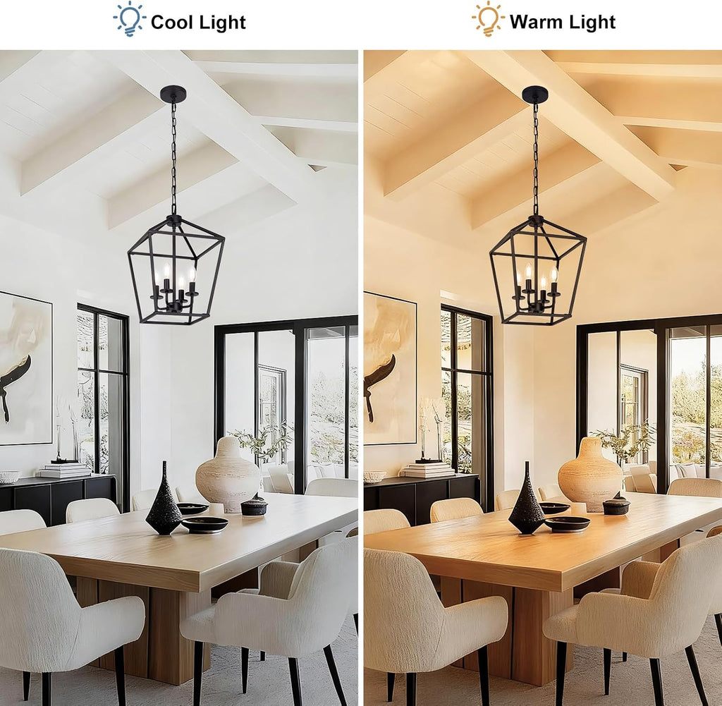 4 Light Chandelier, Industrial Ceiling Light Black Lantern Light Fixtures with Farmhouse Metal Cage Adjustable Height