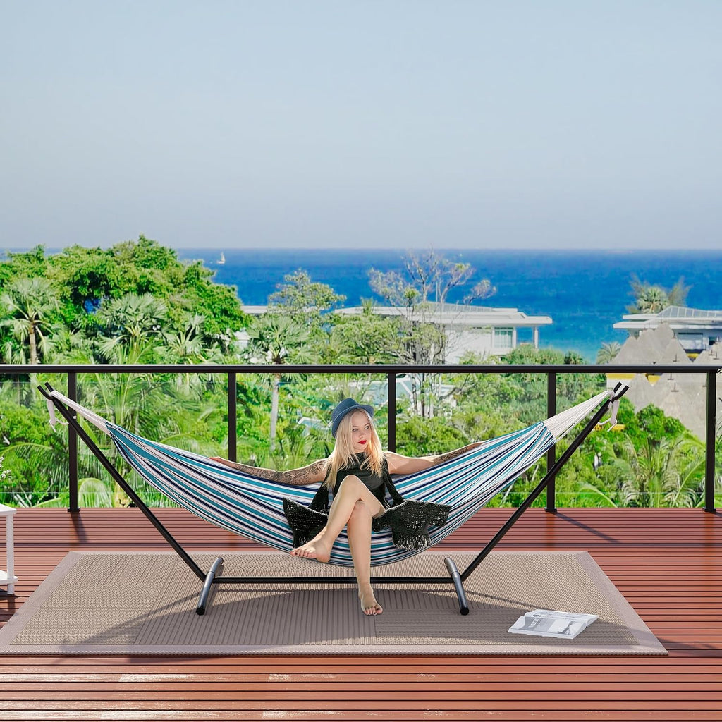 2 Person Double Hammock with Stand Foldable, 450Lbs Capacity, Double Hammocks Portable with Carrying Bag, Thick Rope