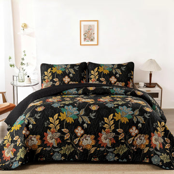 Floral Quilt, Black Vintage Botanical Bedspread