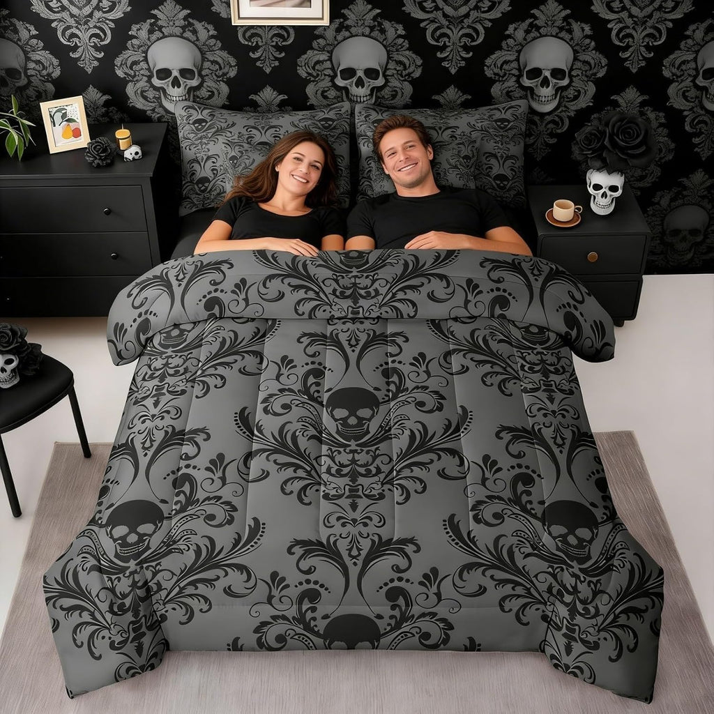 Gothic Damask Bed in a Bag King Comforter Set 7 Pieces,Sugar Skull Bedding Sets Black Grey Victorian Floral Goth - Set of 7