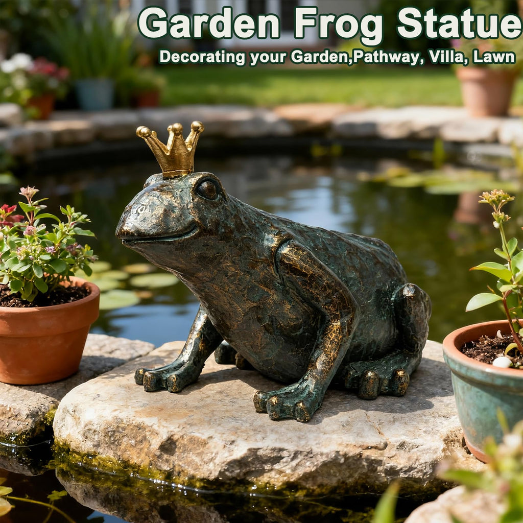 Cle Crouching Frog Prince Garden Statue, Yard Decorations Outdoor Decor, Weather-Resistant Animal Figurines &