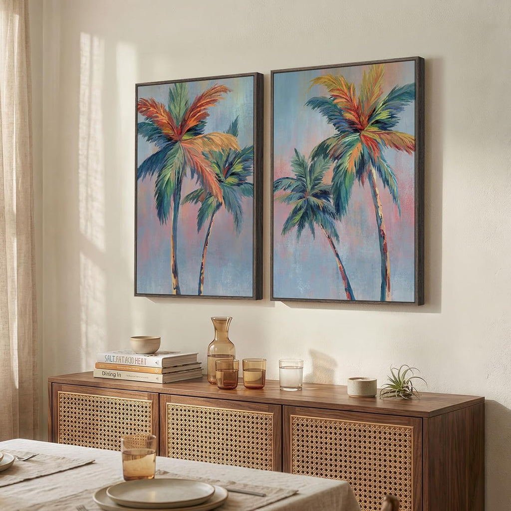 Large Framed Coastal Colorful Palm Tree Wall Art, 24x36 In - Set of 2