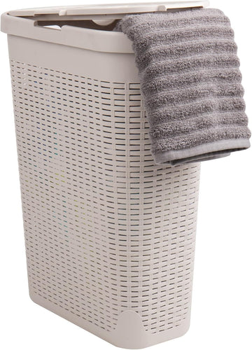 Slim Laundry Hamper with Lid, 40L Clothes Basket, Narrow Tapered Design with Ventilated Cutout Pattern, Plastic, Ivory