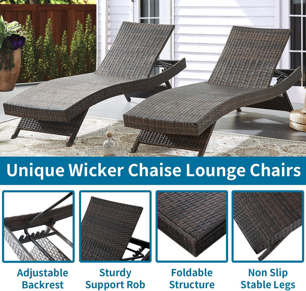 Outdoor Wicker Reclining Lounge Chairs Patio Rattan Chaise Lawn Sunbathing Chairs 79" Long Reclining Chairs, Set of 2