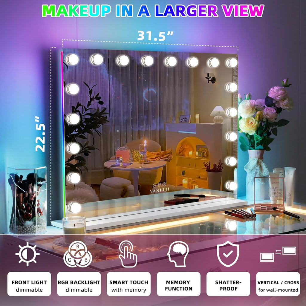 32" x 23" Hollywood Vanity Mirror with RGB Backlight and 18 Dimmable LED Bulbs, Color-Changing Lighted Makeup Mirror