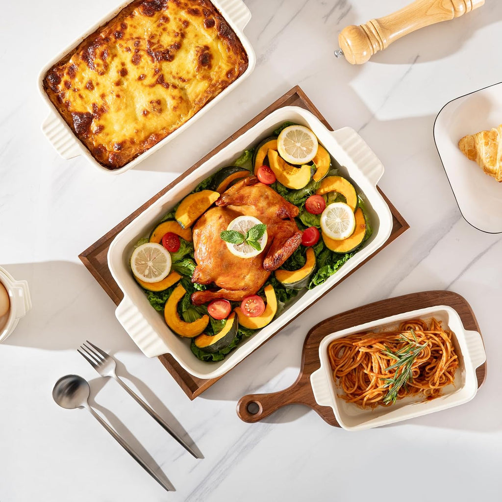Ceramic Dish Set, Cake Dish for Brownie, Porcelain Striped Casserole Dishes for Oven with Handle for Lasagna, Family