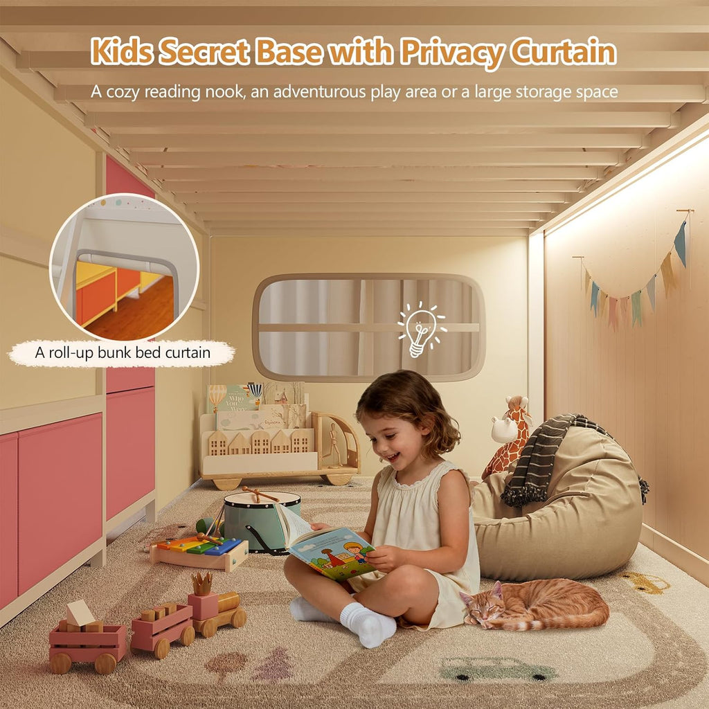 Low Loft Bed with Desk and 6 Storage Drawers Twin Loft Bed with Bookshelf,LED Lights & Under-Bed Play Space,Kids Twin