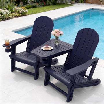 Adirondack Chairs Set of 2 with Removable Tabletop, Outdoor HDPE Plastic Fire Pit Chair Set with Wooden Textured, Cup