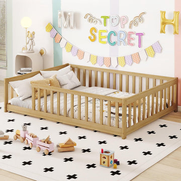 Full Size Montessori Bed Frame with Fence,Solid Wood Floor Bed with Slats for Kids,Boys,Girls,No Box Spring
