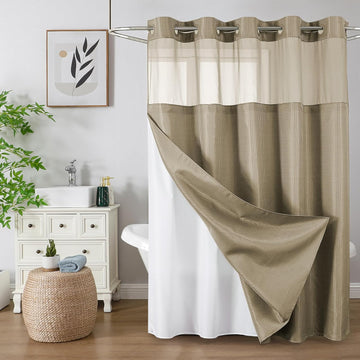 Beige No Hook Waffle Shower Curtain Set, 72" W x 75" L | Snap-In Fabric Liner, Mesh Top Window, Heavy-Duty Waffle