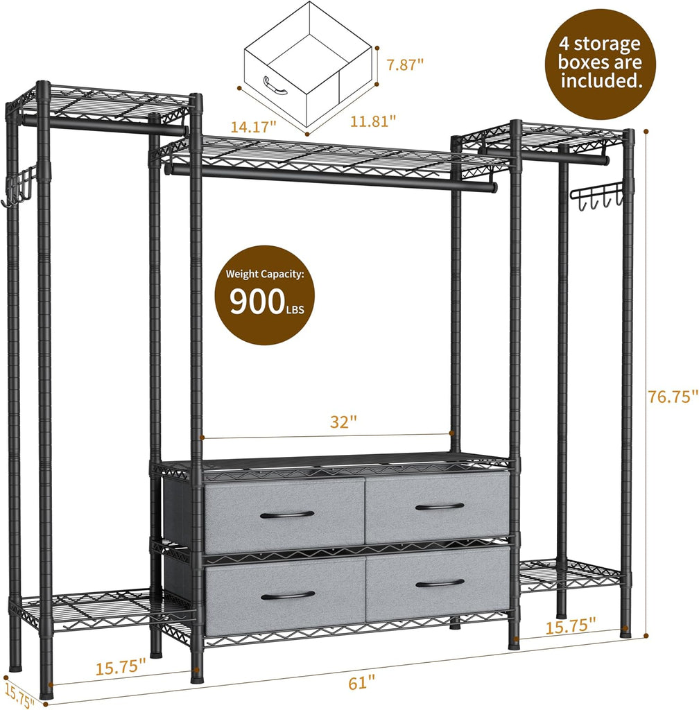 Heavy Duty Clothes Rack Metal Wardrobe with Adjustable Wire Shelves | Closet Organizers and Storage Clothing Rack