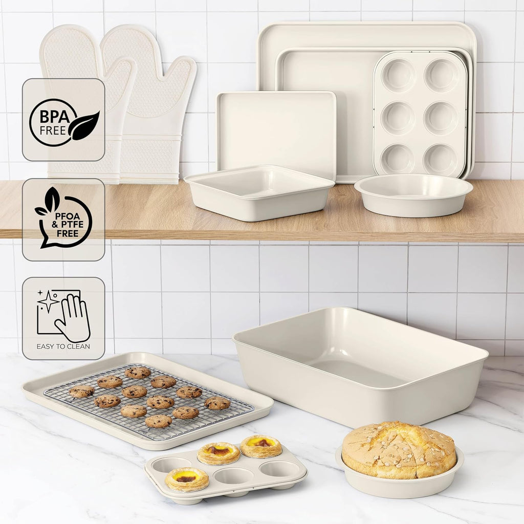 Nonstick Stackable Bakeware Set - Deluxe Heavy Duty, Durable, Easy Release Set, Cream, 13 Pcs