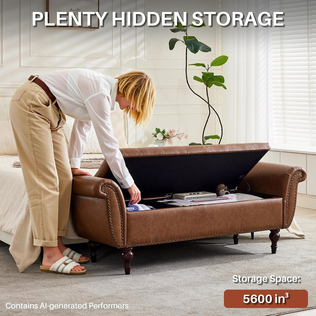 63.8" Storage Bench Faux Leather End Of Bed Bench With Storage | Upholstered Ottoman Foot Rest With Rolled Arms