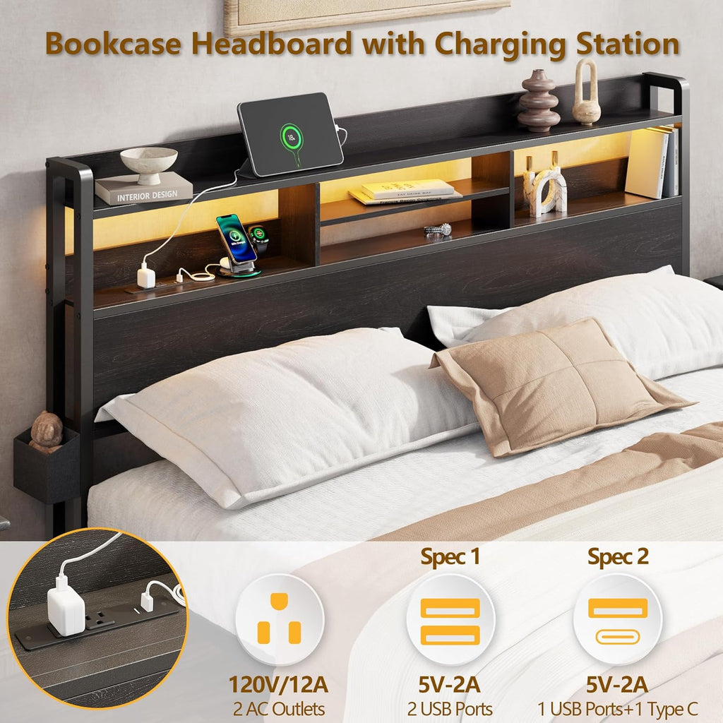 Full Bed Frame with Wood Headboard, Metal Platform Bed Frame Full with 2 Storage Drawers and Shelf