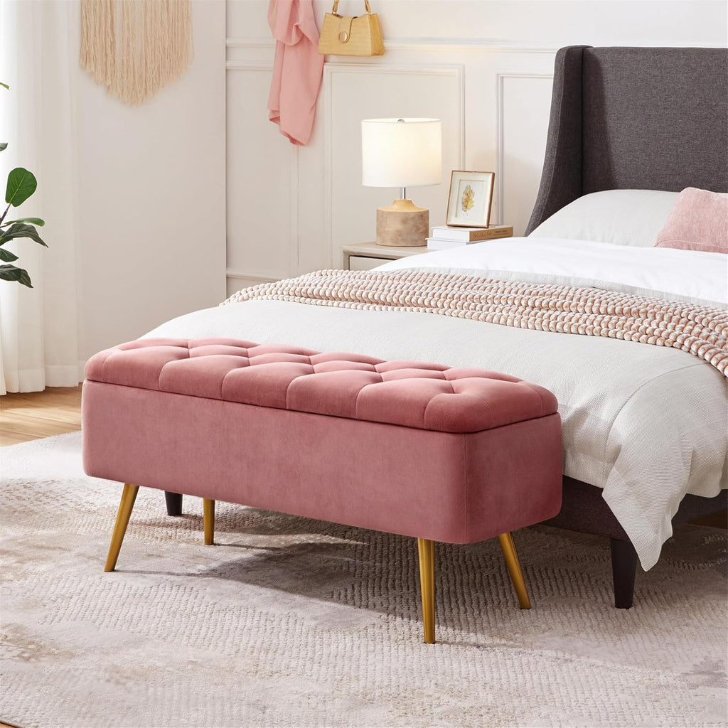 43in Velvet Storage Ottoman Bench End of Bed, Pink | Button-Tufted Ottoman Bench with 1.9C Storage Space, Tapered
