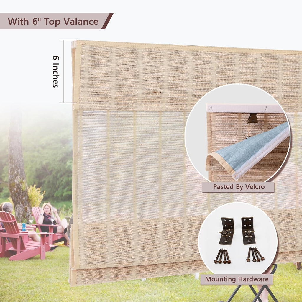 Cordless Bamboo Roman Shades for Windows with Borders, Natural Woven Wood Shades with 6 Inches High Valance, Custom