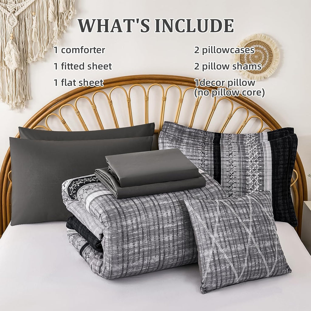 Dintszyayue Black Comforter Set Queen, 8 Pieces Boho Striped Bed in a Bag Soft Microfiber Bedding Set for All Season