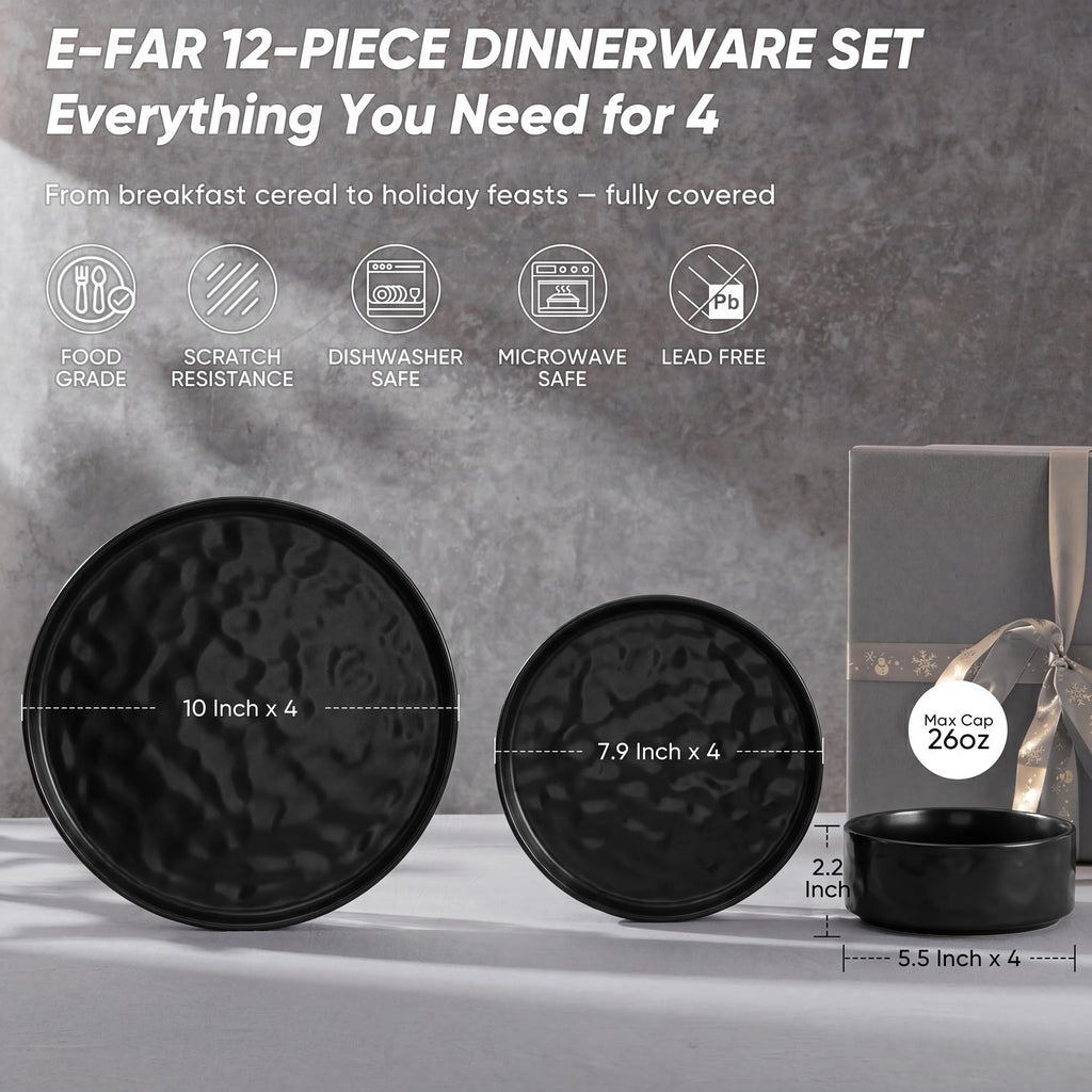 Black Plates and Bowls Sets, 12-Piece Stoneware Dinnerware Set for 4