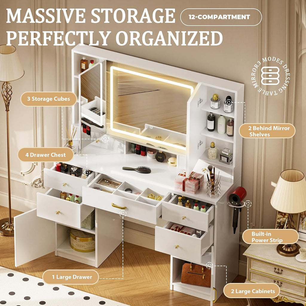 Vanity Desk with 3 Way Mirror and Lights, Large Makeup Vanity Table Set with Charging Station, 3 Lighting Modes &