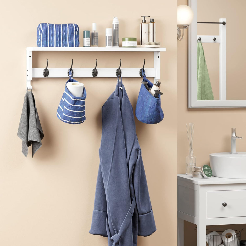 Coat Rack Wall Mount with Shelf, 28.9 Inches Coat Hooks Wall Mounted with 5 Hooks, Hat Wall Hooks for Hanging (White