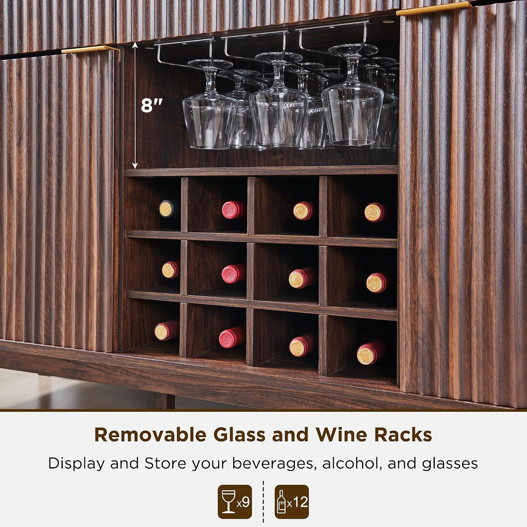 60" Fluted Wine Bar Cabinet, Mid-Century Modern Sideboard, Dark Walnut | 3 Spacious Drawers, 3 Stemware Racks, 12