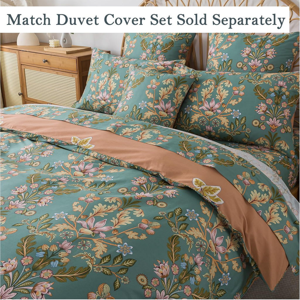 Full Sheet Set, Floral Sheets 4-Piece 100% Percale Cotton Bed Sheets Deep Pocket Fitted Sheet, Boho Vintage Teal Blue