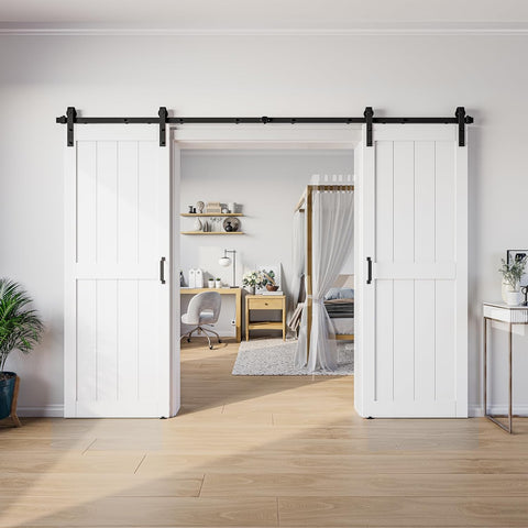 64 x 84 in (Double 32x84 Door) White Barn Door with 11FT Sliding Hardware Kit & Handle, Pre-Drilled 